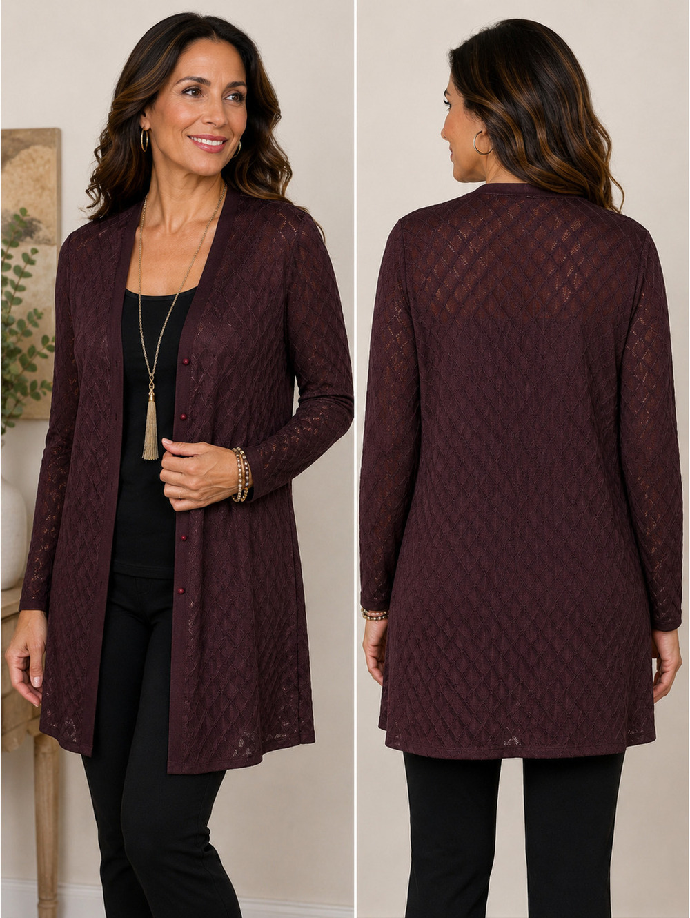 Long Sheer Diamond Pattern Button Front Cardigan Sweater in Brown‎